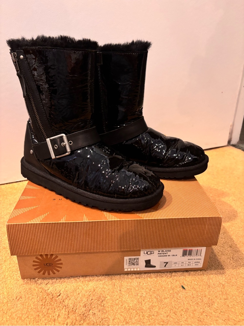 UGG Black Patent Short Shearling-Trim Boots with Buckle